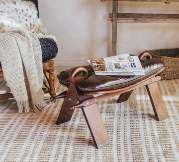 vintage bohemian wood and leather camel stool with brass inlay