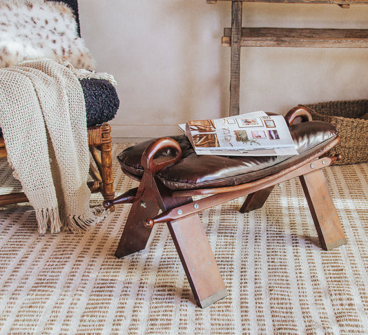 vintage bohemian wood and leather camel stool with brass inlay