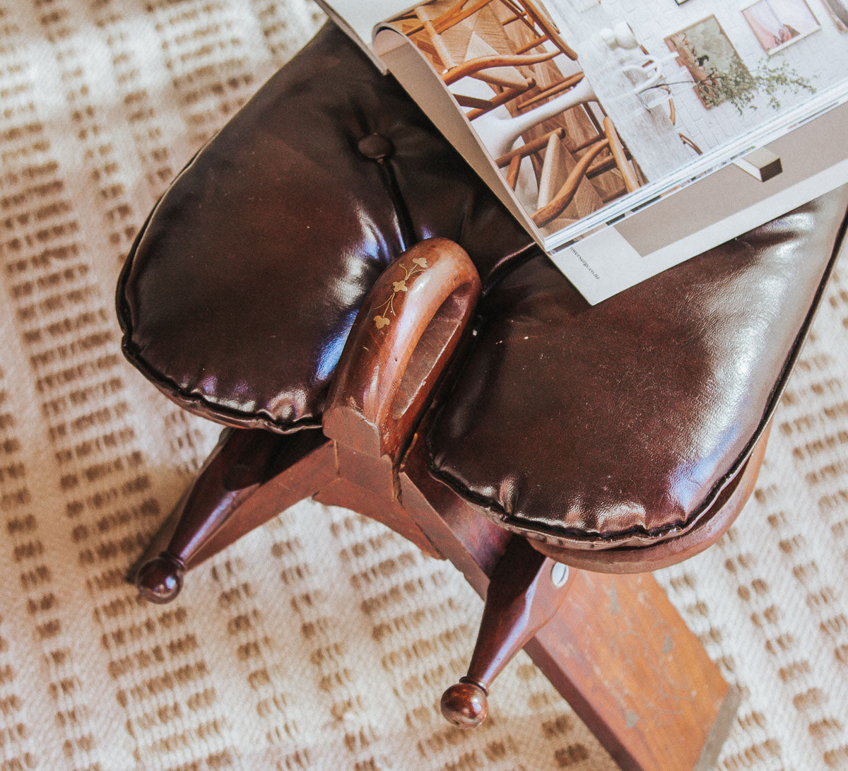 vintage bohemain wood and leather camel stool with brass inlay