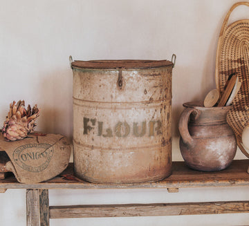 vintage metal rust patina oversized flour tin farmhouse rustic boho vibe