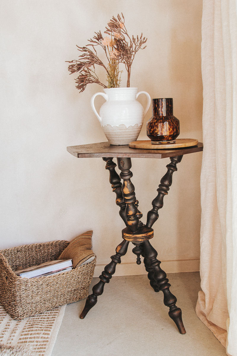 vintage boho antique bobbin 3 legged side table