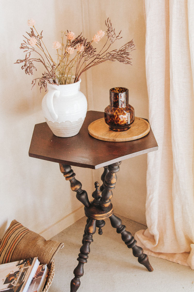 vintage boho antique bobbin 3 legged side table