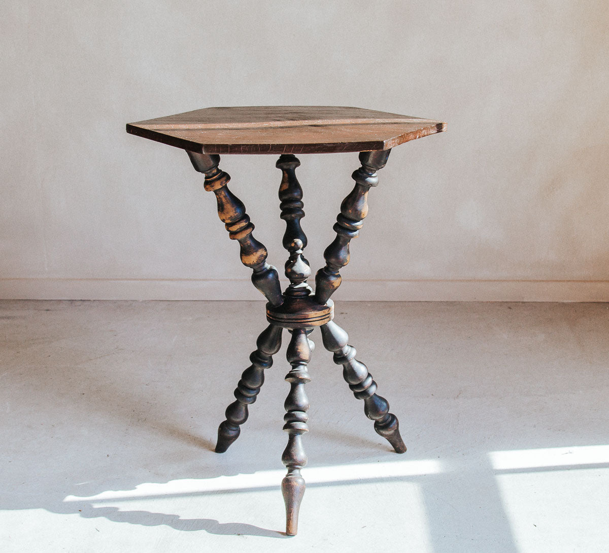 vintage boho antique bobbin 3 legged side table
