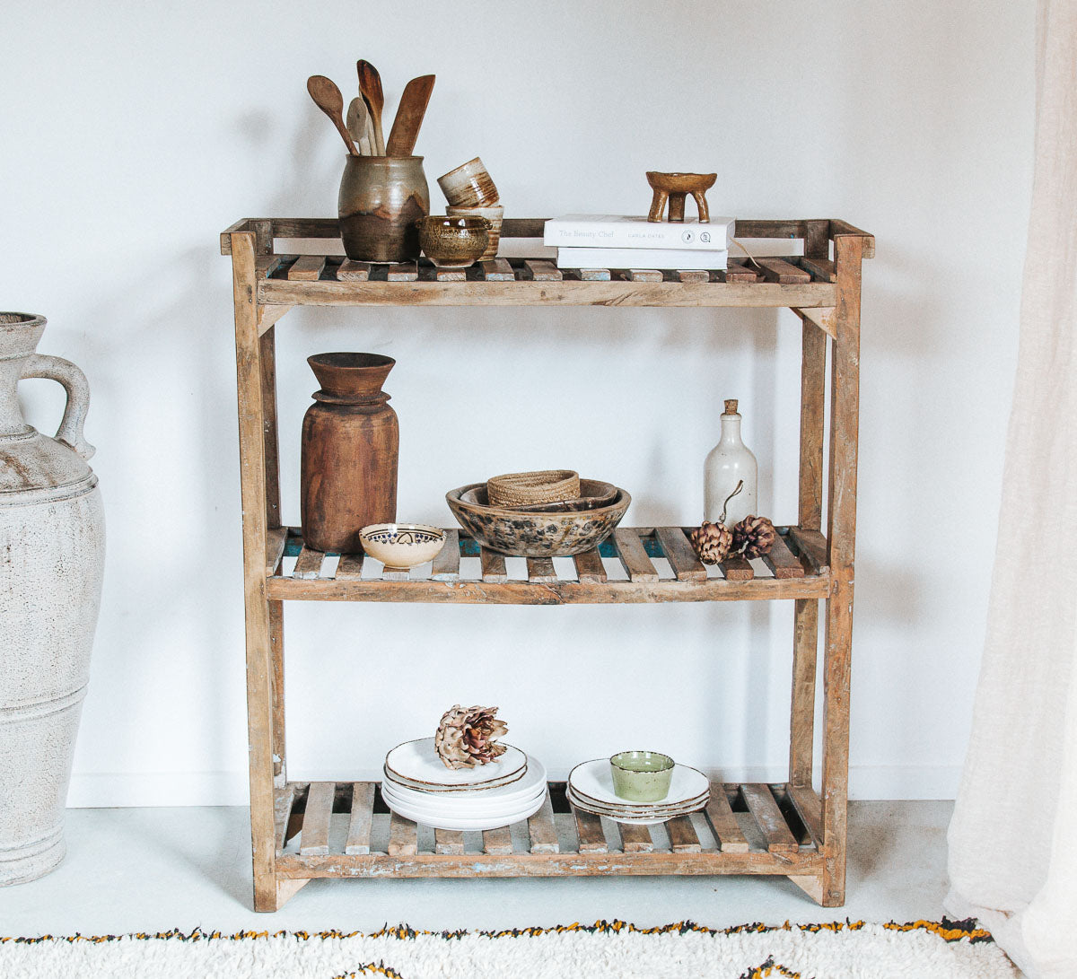 vintage boho reclaimed wooden bakers rack shelving