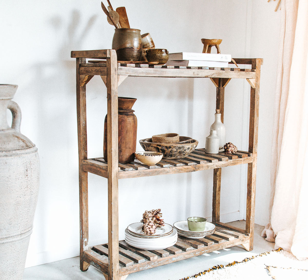 vintage boho reclaimed wooden bakers rack shelving