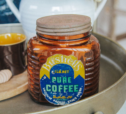 vintage boho bushells coffee jar in ambergold glass