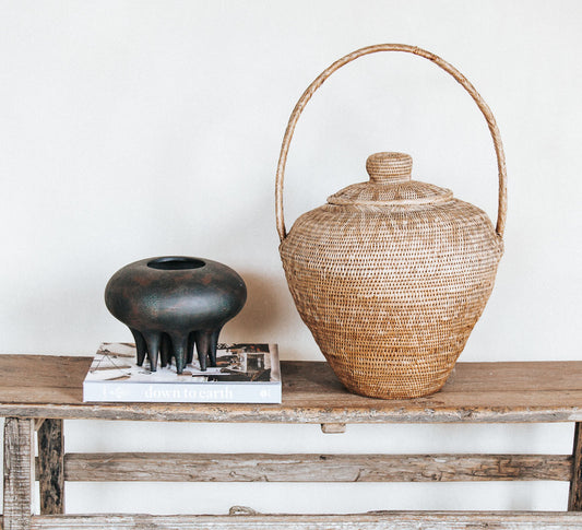vintage boho PNG lidded seagrass storage  basket with lid