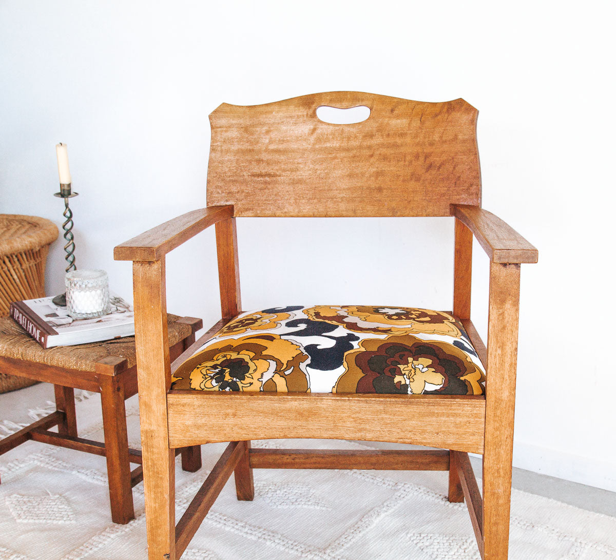 boho furniture retro vintage chair with retro floral patterned upholstery blonde oak frame