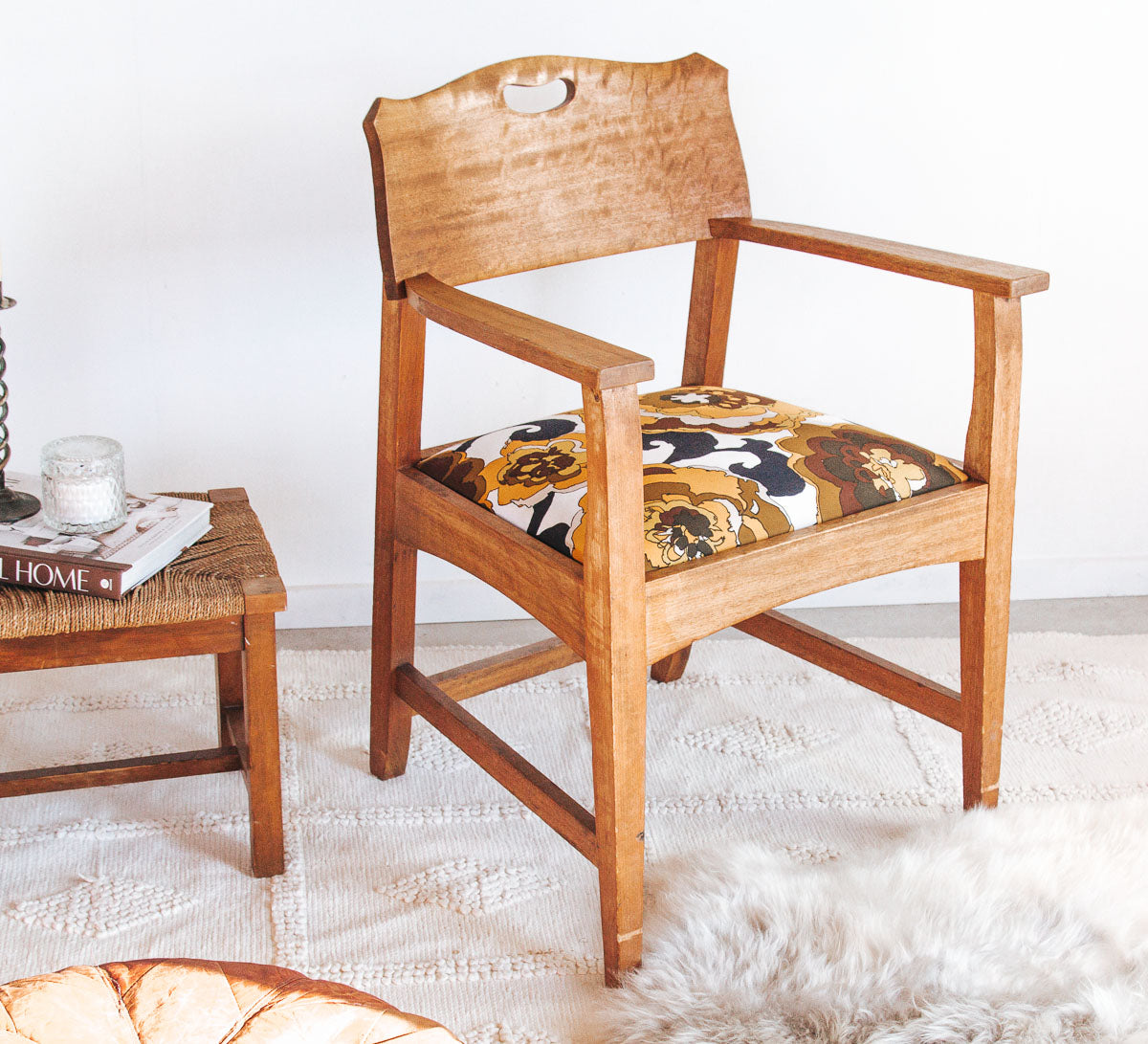 boho furniture retro vintage chair with retro floral patterned upholstery blonde oak frame