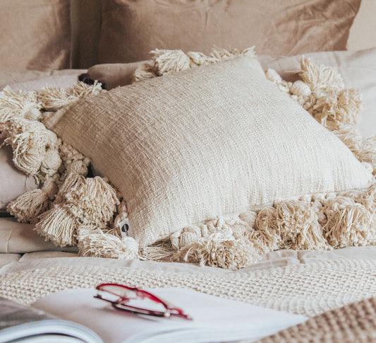 madam stoltz boho ivory cotton tassled cushion pillow