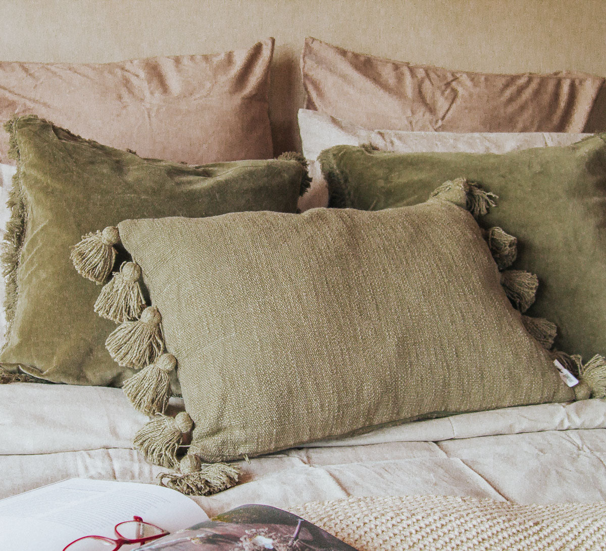 madam stoltz boho cotton textured olive green cushion pillow with tassles