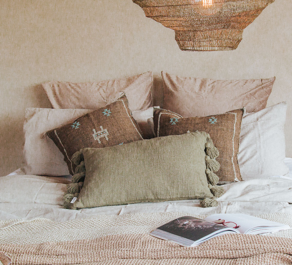 madam stoltz boho cotton textured olive green cushion pillow with tassles