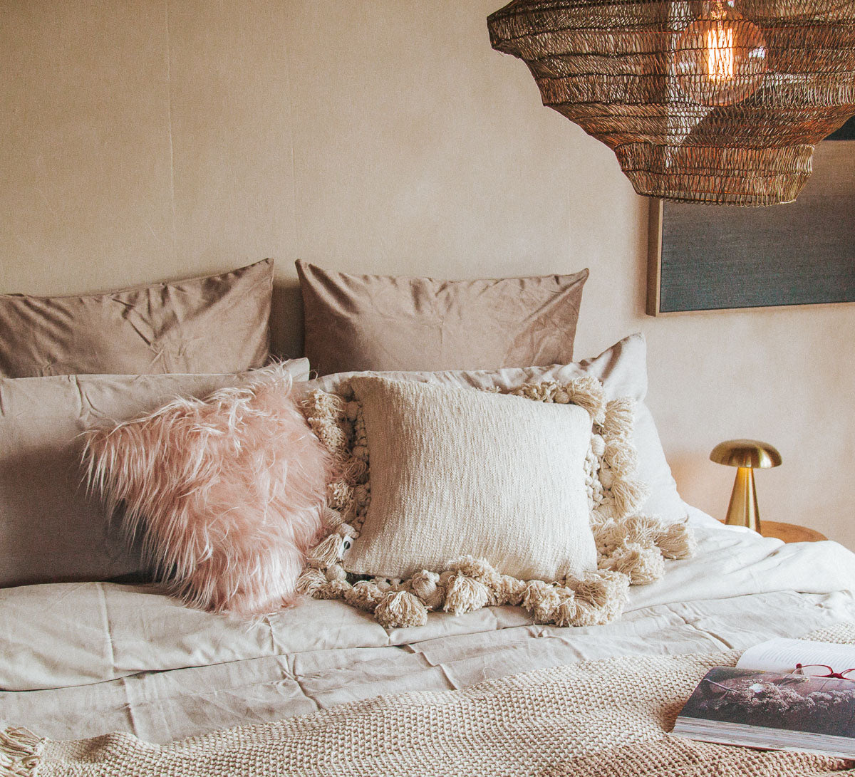 boho faux fur rosy soft pink long shaggy throw pillow cushion