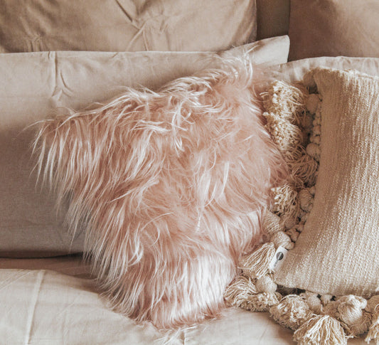 boho faux fur rosy soft pink long shaggy throw pillow cushion
