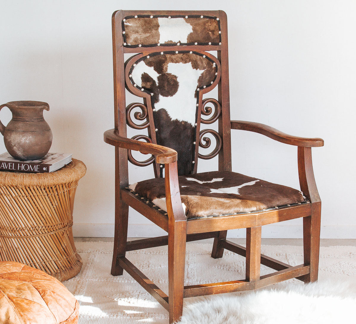 vintage bohemian furniture boho cowhide wooden chair