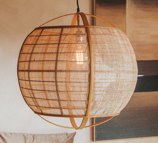 madam stoltz bamaboo and linen weave boho scandi statement pendant light