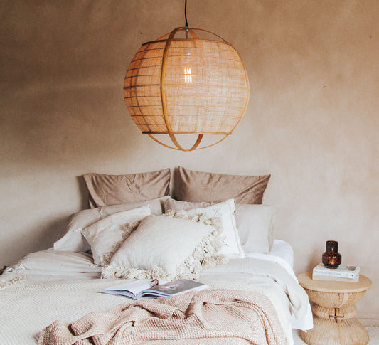 madam stoltz bamaboo and linen weave boho scandi statement pendant light