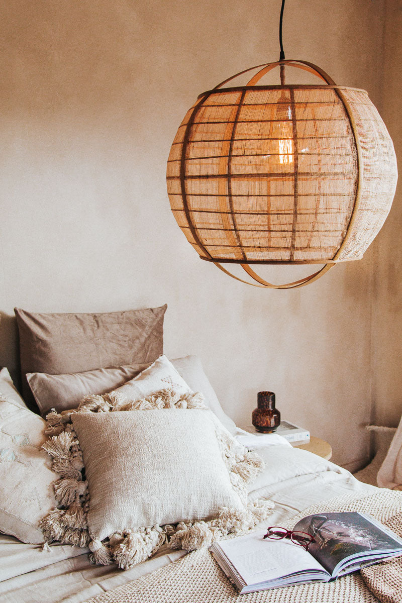 madam stoltz bamaboo and linen weave boho scandi statement pendant light