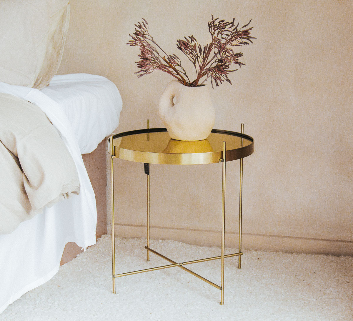 boho madam stoltz Hubsch round gold metal side table with mirror tray