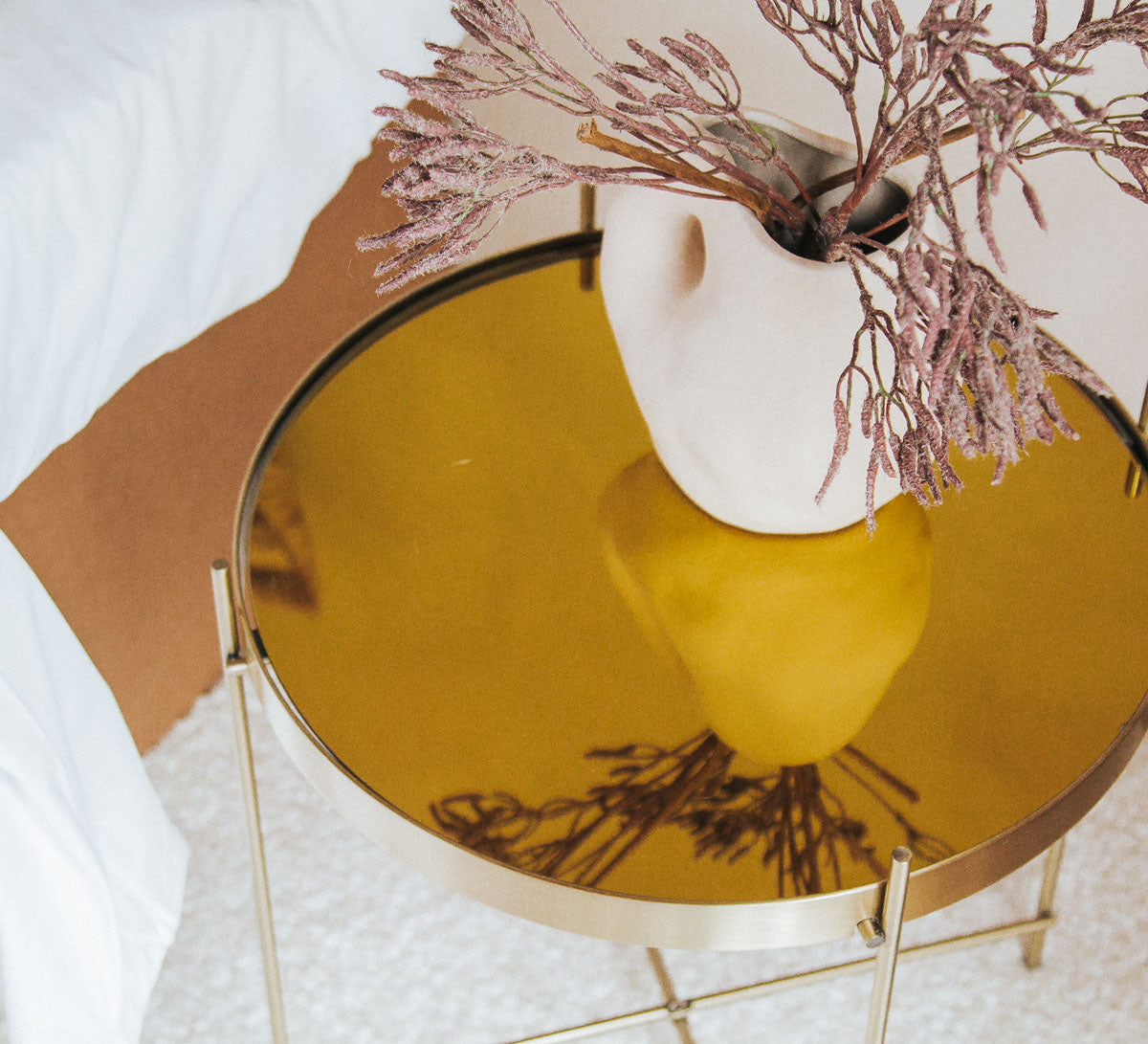 boho madam stoltz Hubsch round gold metal side table with mirror tray