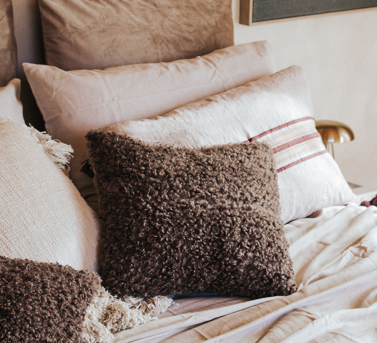 boho style textured faux fur curly teddy designer cushion