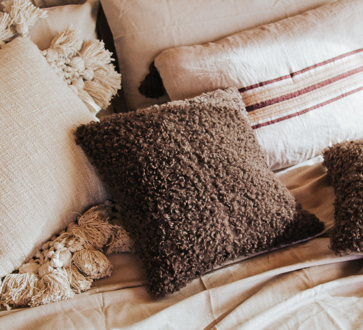 boho style textured faux fur curly teddy designer cushion