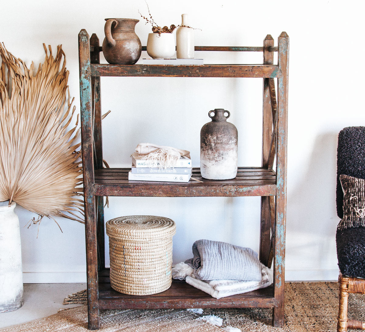 vintage boho bakers rack reclaimed wooden rustic shelves 