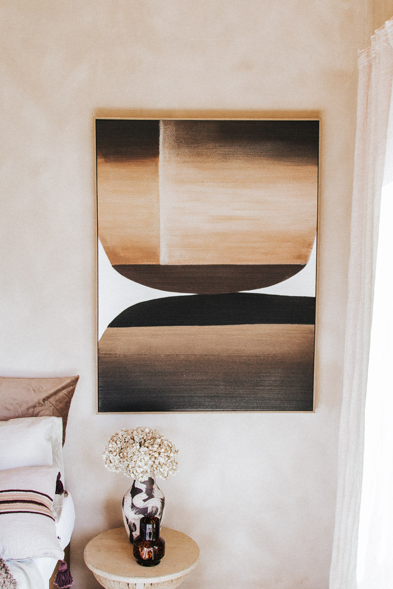 large designer abstract art in shadowbox on canvaas with caramel brown and earthy tones statement art