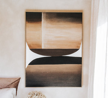 large designer abstract art in shadowbox on canvaas with caramel brown and earthy tones statement art