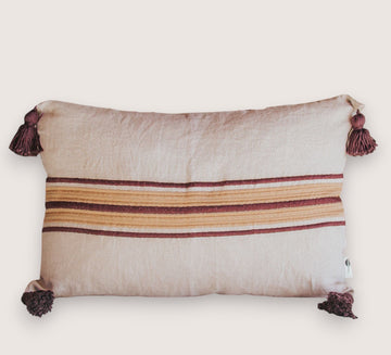 madam stoltz linen throw pillow cushion boho style with tassles and embroidered stripe in aubergine and gold