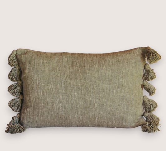 madam stoltz boho cotton textured olive green cushion pillow with tassles