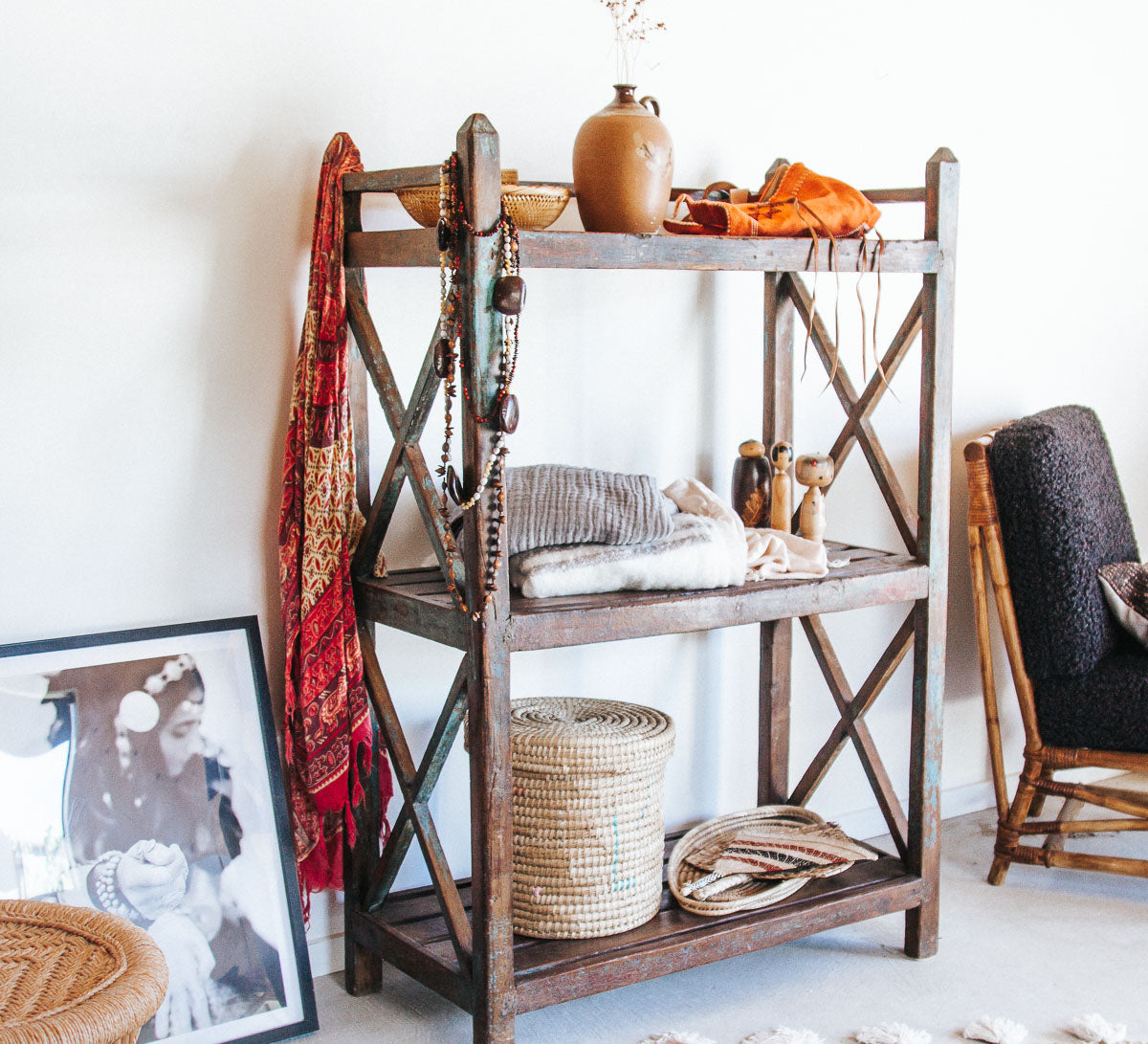 vintage boho bakers rack reclaimed wooden rustic shelves 