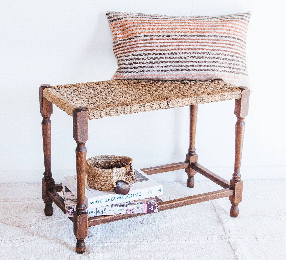 vintage boho oak seagrass wooden stool with woven seat