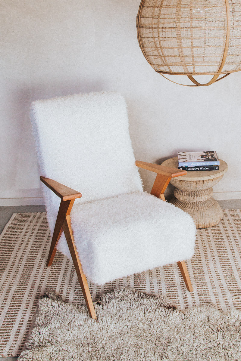 vintage boho mid century designer armchair upholstered in white faux fur