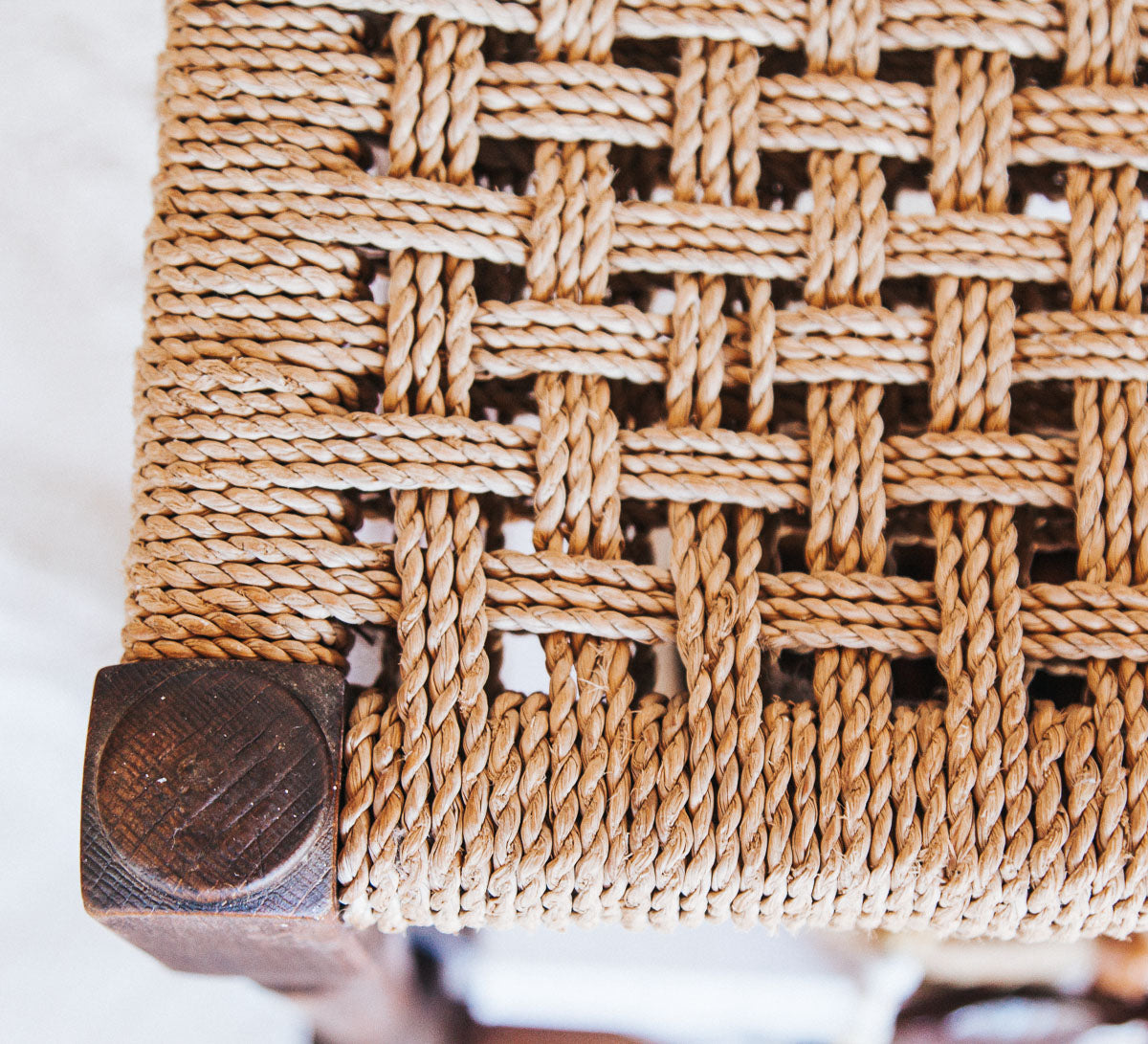 vintage boho oak seagrass wooden stool with woven seat