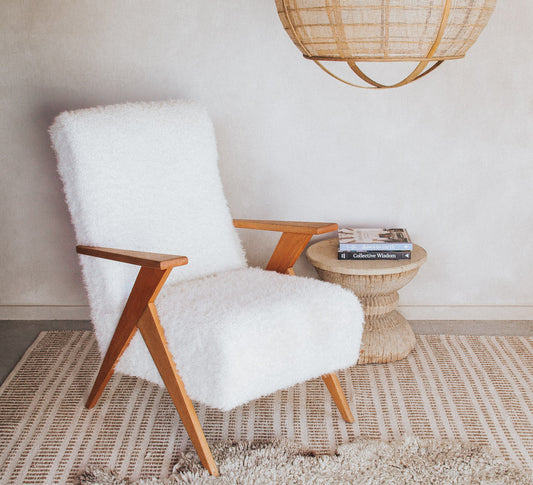 vintage boho mid century designer armchair upholstered in white faux fur