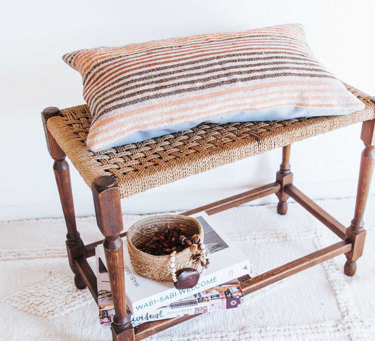 vintage boho oak seagrass wooden stool with woven seat