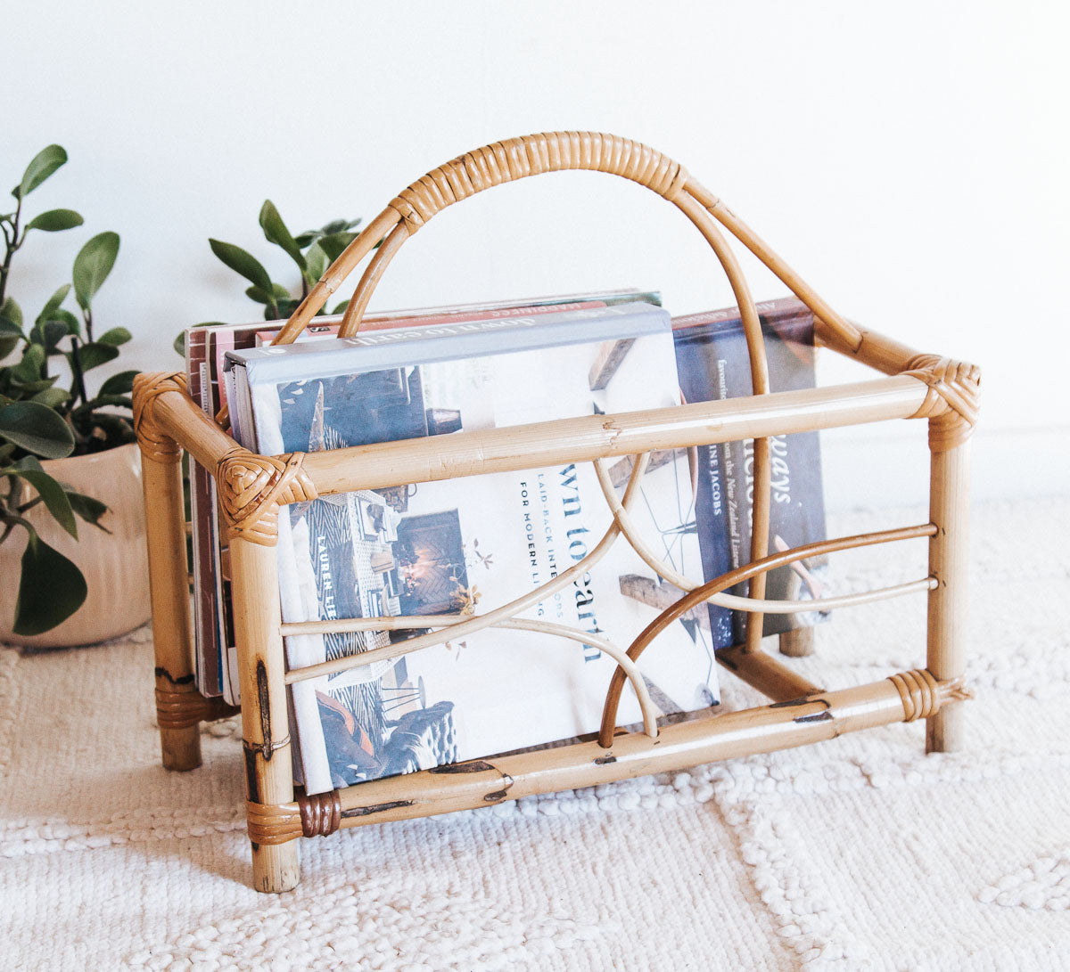 vintage boho cane magazine rack