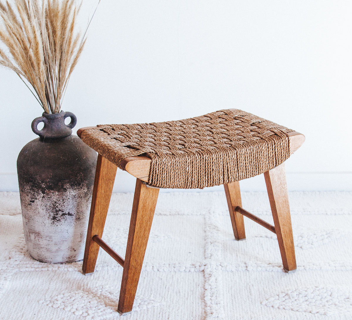 vintage boho woven mid century seagrass stool