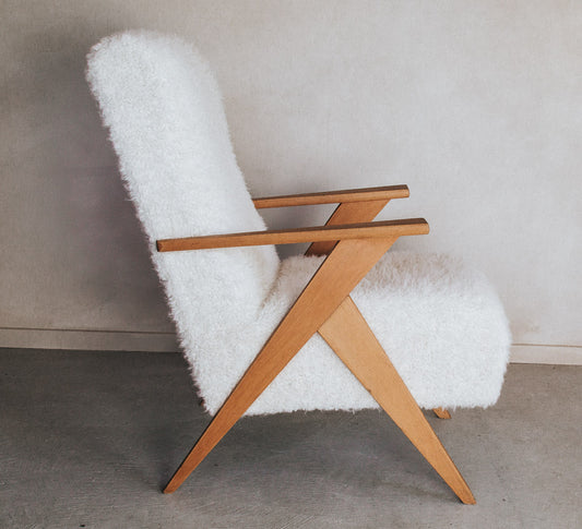 vintage boho mid century designer armchair upholstered in white faux fur