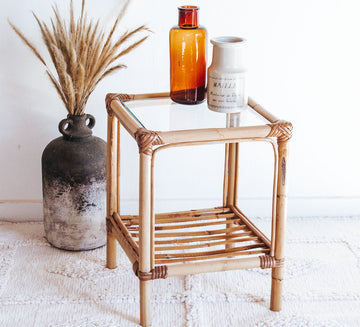 vintage boho cane bamboo coffee table side table with glass top