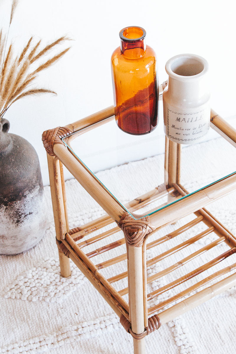 vintage boho cane bamboo coffee table side table with glass top