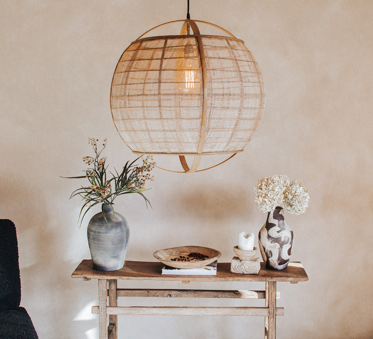 madam stoltz bamboo and linen weave boho scandi statement pendant light