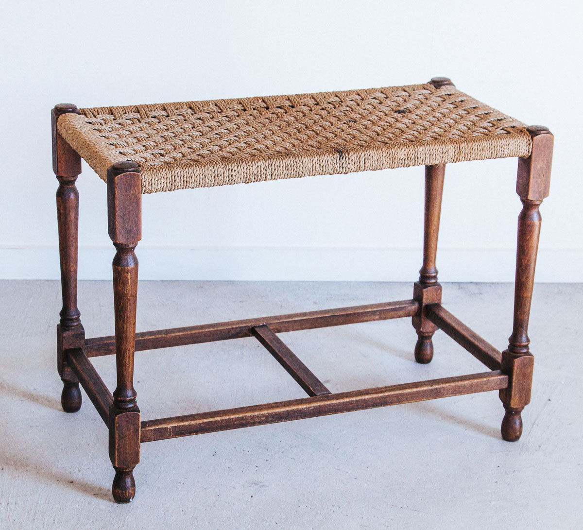 vintage boho oak seagrass wooden stool with woven seat