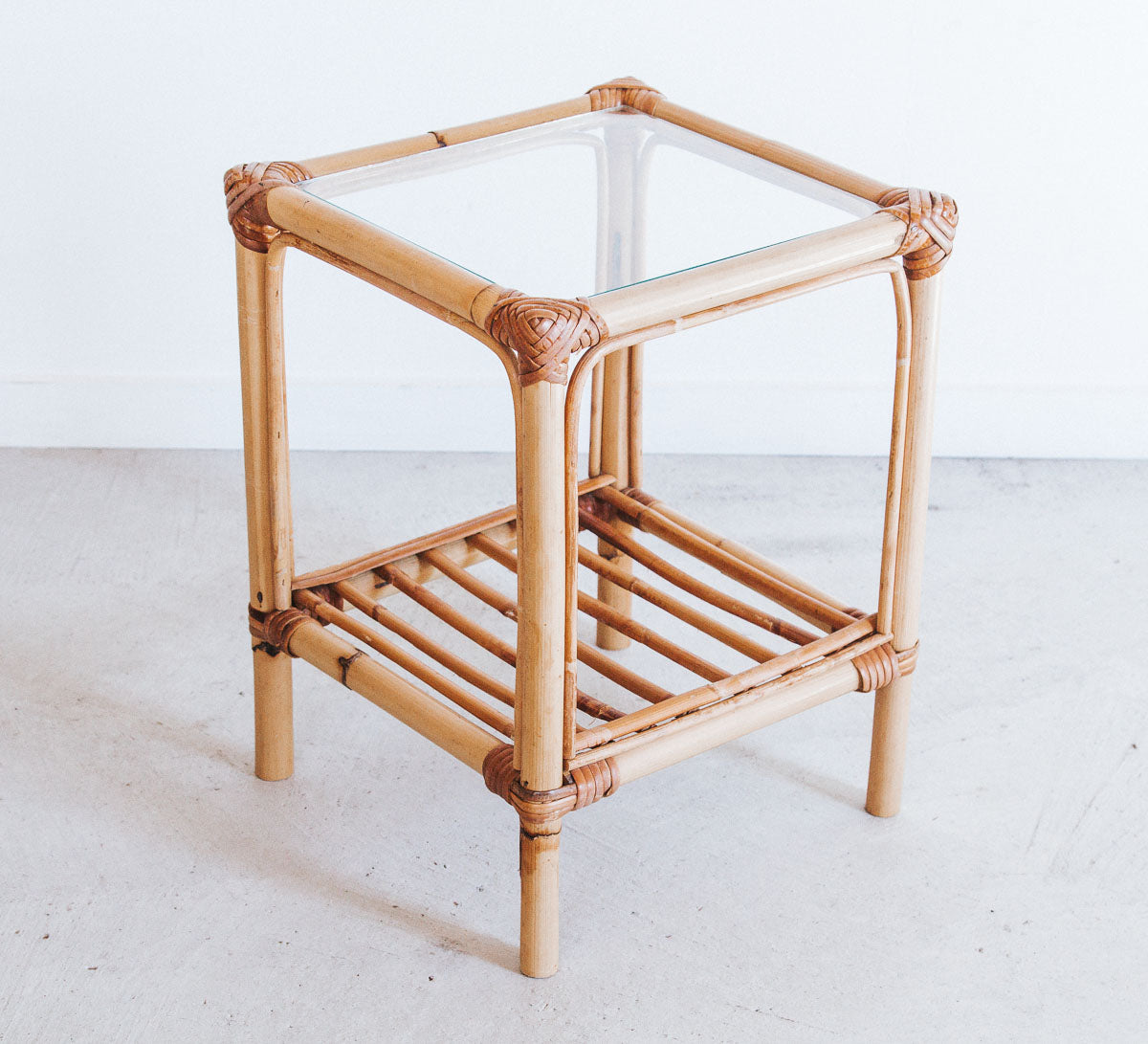 vintage boho cane bamboo coffee table side table with glass top