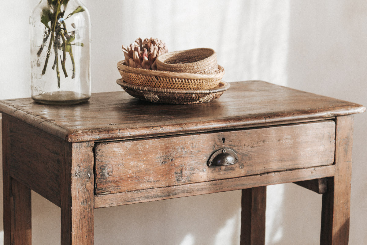 vintage boho reclaimed bohemian rustic wooden hall console sidetable with drawer