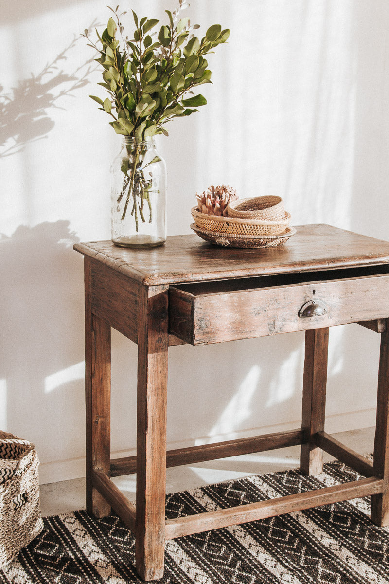 vintage boho reclaimed bohemian rustic wooden hall console sidetable with drawer