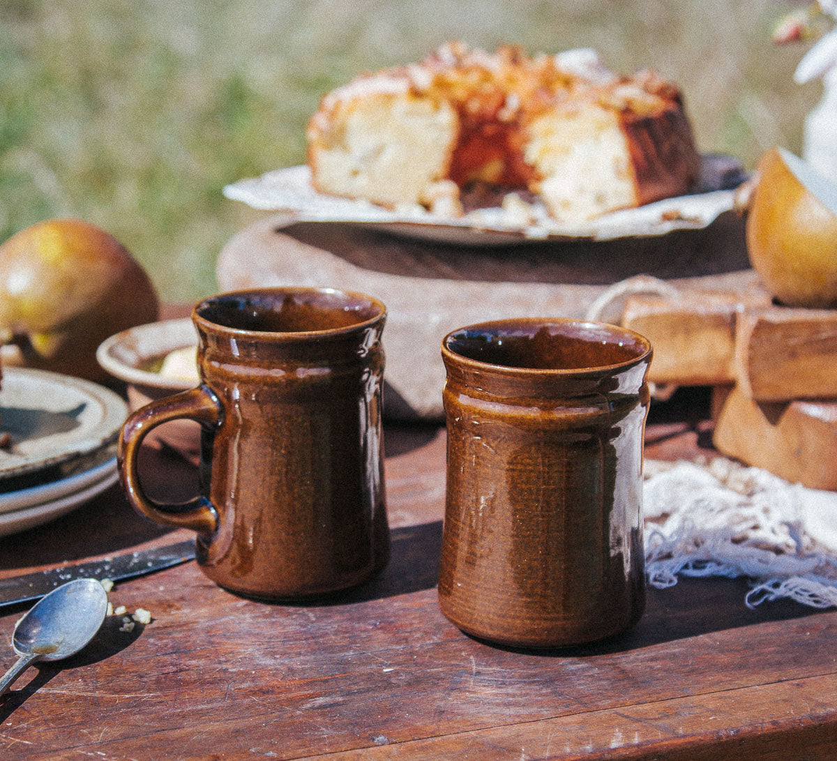 vintage boho temuka nz made coffee mug cups in dark brown glaze