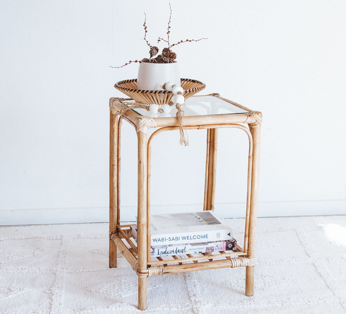 vintage boho cane bamboo coffee table side table with glass top