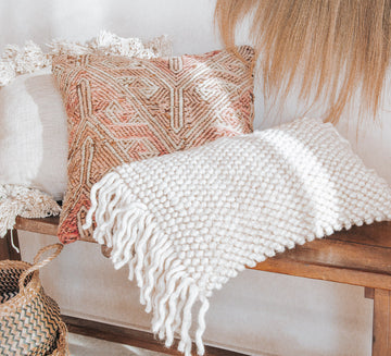 designer boho wool bobble and tassle breakfast cushion pillow